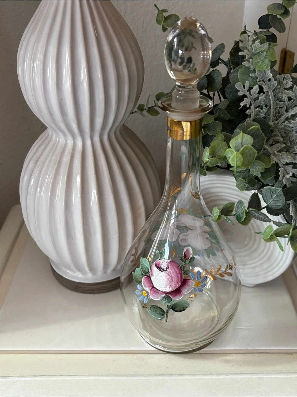 Vintage Mid-century Hand Painted Decanter Pink Roses